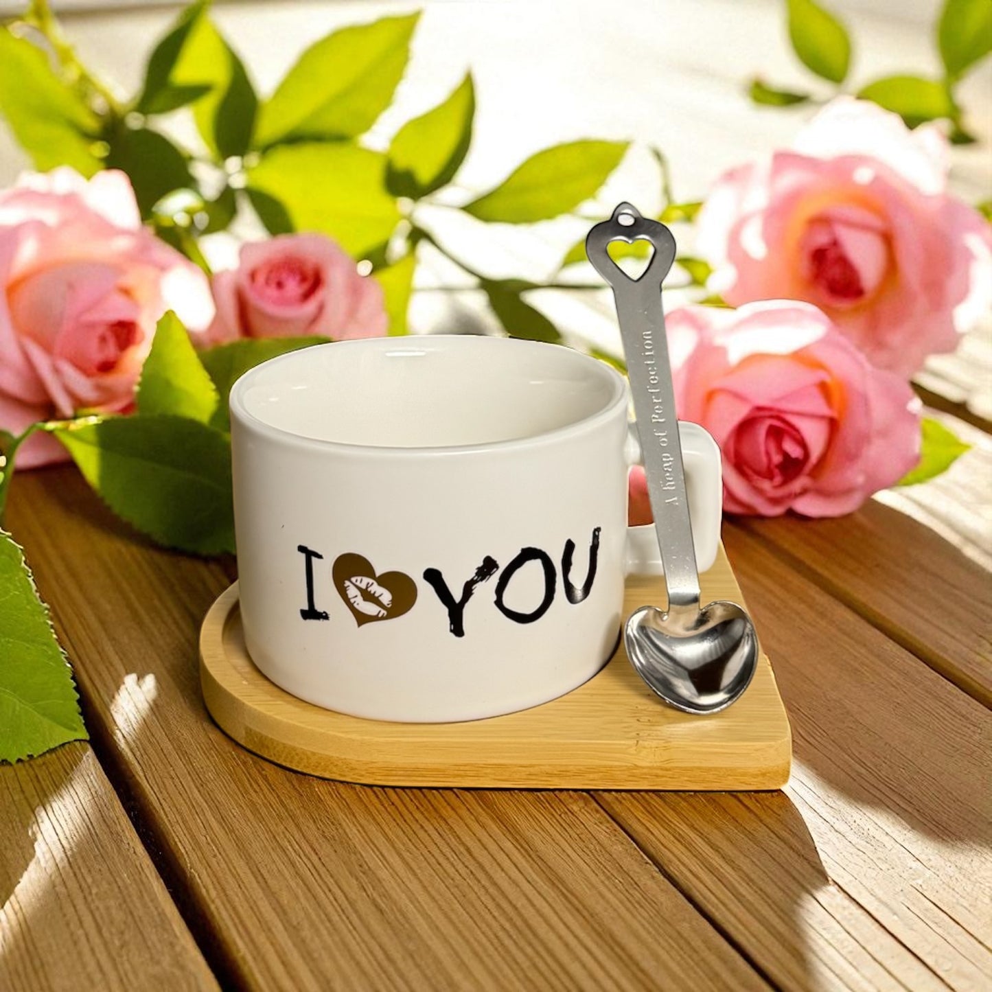 ❤️ I LOVE YOU Tasse mit Herzlöffel & Bambus-Untersetzer