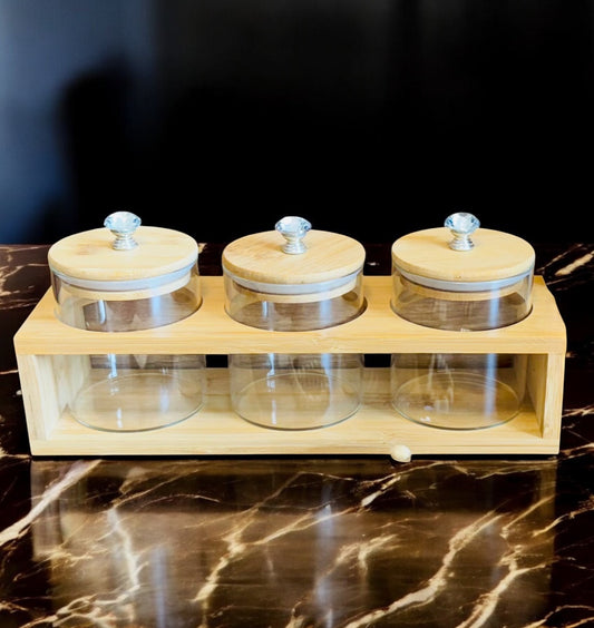 3-teiliges Gewürzgläser-Set mit Holzhalterung & Kristallknauf