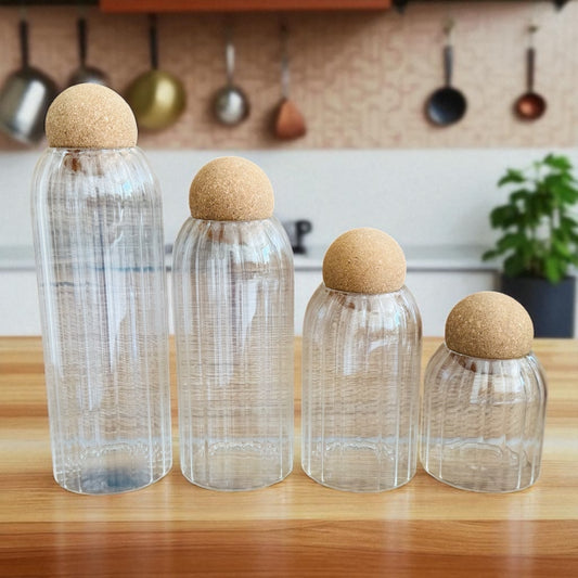 Vorratsgläser aus geriffeltem Glas mit Korkdeckel – 4-teiliges Set