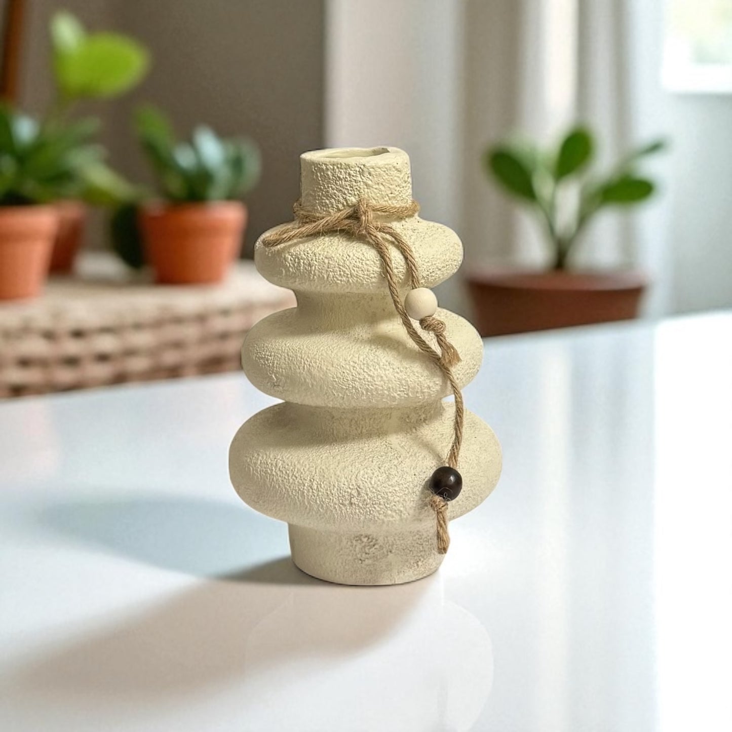 Keramikvase „Zen“ – Sandstein-Look mit Juteband