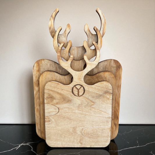 3er-Set Schneidebretter aus Holz mit Hirschgeweih-Griff