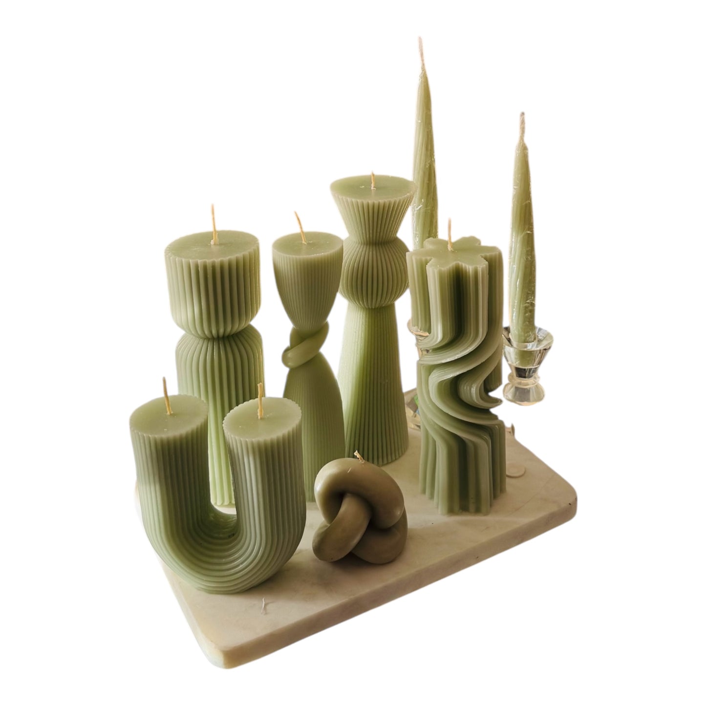 Skulpturkerzen-Set „Olivgrün“ – 8 handgemachte Designkerzen