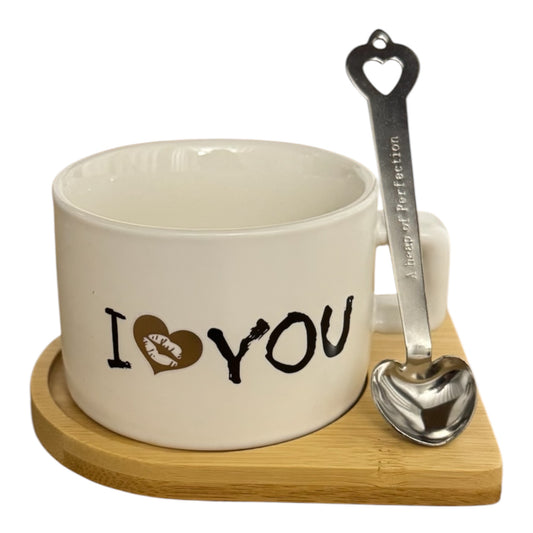 ❤️ I LOVE YOU Tasse mit Herzlöffel & Bambus-Untersetzer