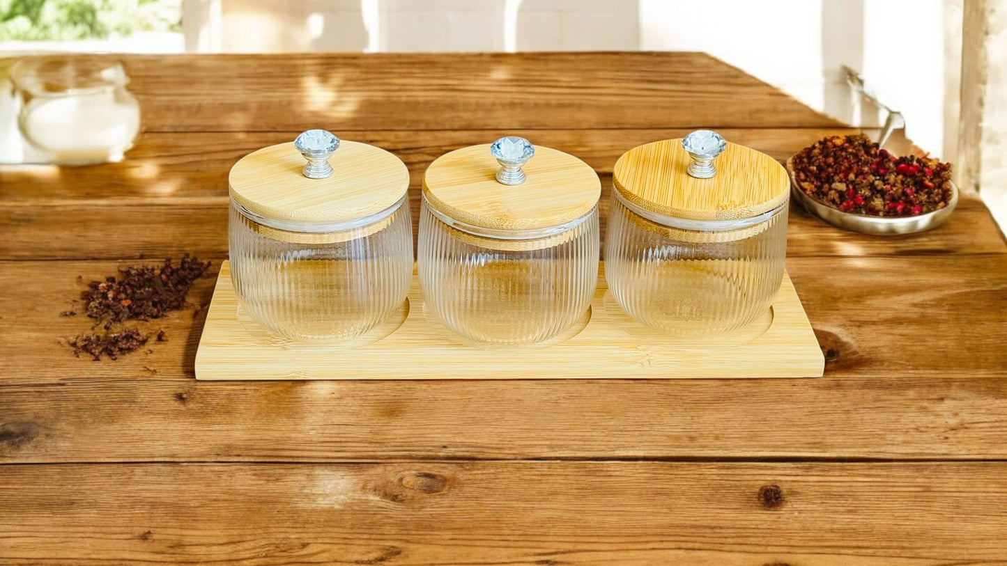 Gewürzgläser-Set Glasknauf - 3-teilig inkl.Bambusbrett