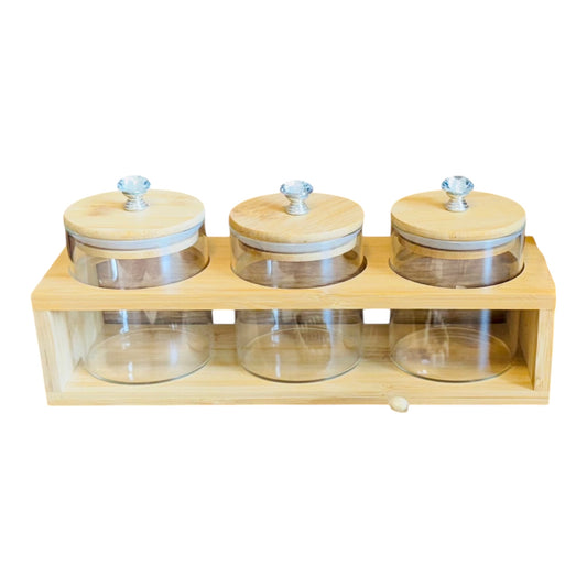 3-teiliges Gewürzgläser-Set mit Holzhalterung & Kristallknauf