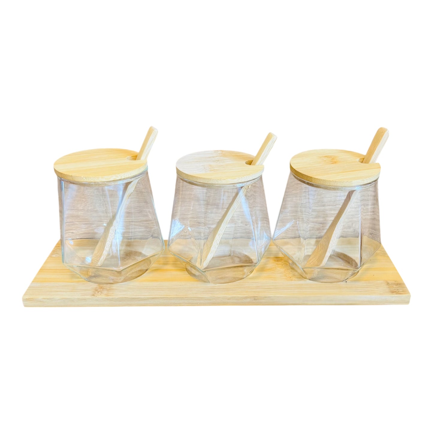 3-teiliges Gewürzgläser- Set mit Löffel - modern & eckig inkl.Bambusbrett