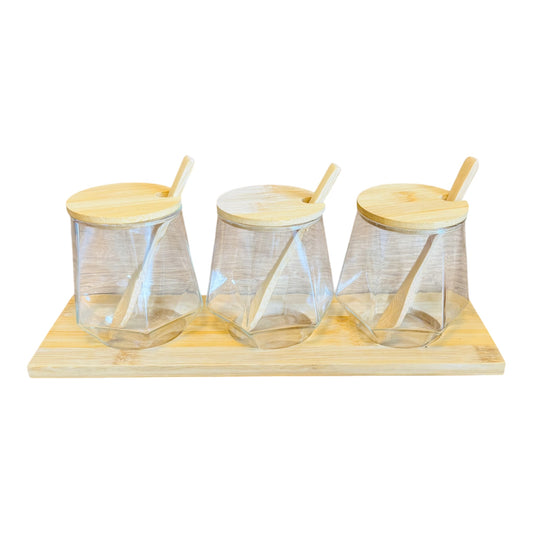 3-teiliges Gewürzgläser- Set mit Löffel - modern & eckig inkl.Bambusbrett
