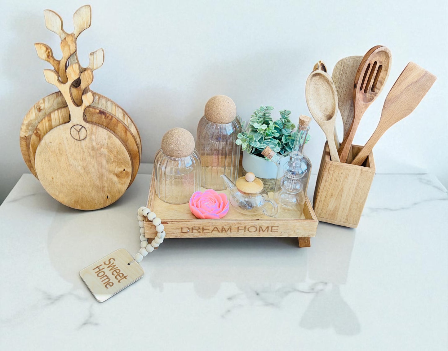 Küchen-Dekoständer aus Holz – ideal für Ölspender & Gewürzgläser
