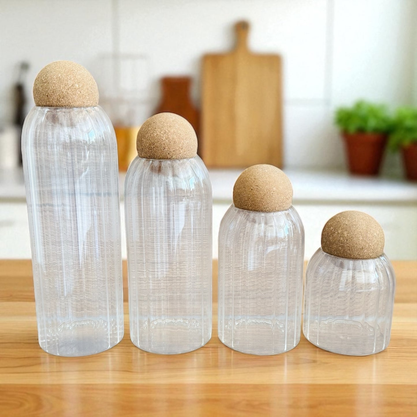 Vorratsgläser aus geriffeltem Glas mit Korkdeckel – 4-teiliges Set