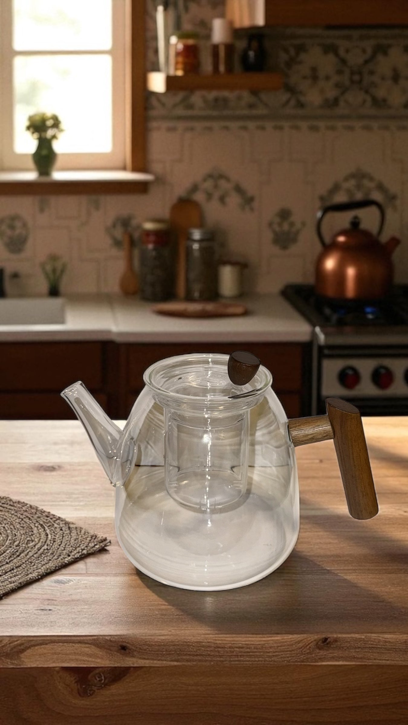 🫖 Teekanne „Noora Curve“ – Glas mit Holzgriff